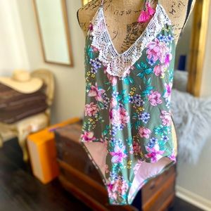 Hula Honey Green & Pink Tropic Romance Floral-Print Halter styled one piece.